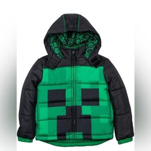 Minecraft Boys Puffer Winter Coat Creeper Green Black Hooded 14/16